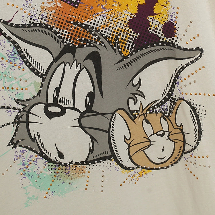 Printed Rhinestones ~ Cartoon Anime Letter Short Sleeve T-shirt Loose Large Version Women Cute Anti-Aging Thin Top Export