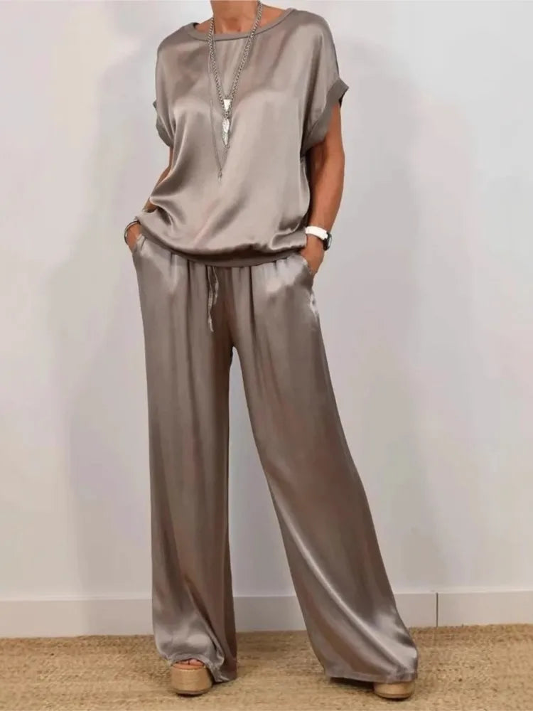 Sets For Women 2025 Summer Fashion Solid Color Satin 2 Piece Set O Neck Short Sleeve Top Pants Suit Casual Loose Outfits Female