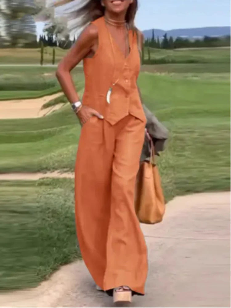 2025 Woman Elegant 2-Piece Pant Sets Casual Vest And Pants Sets Sleeveless Tops Suits 2pcs Outfits Wide Leg Trouser Sets