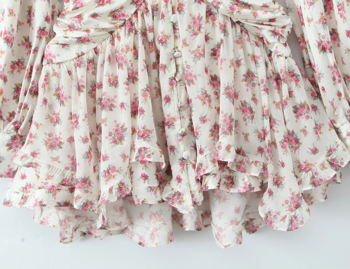 2025 Women White Pink Flower Print Puff Long Sleeve Dress Open Buttons Wood ears Ruffles Hem Mini Shirt Dresses Holiday Robe