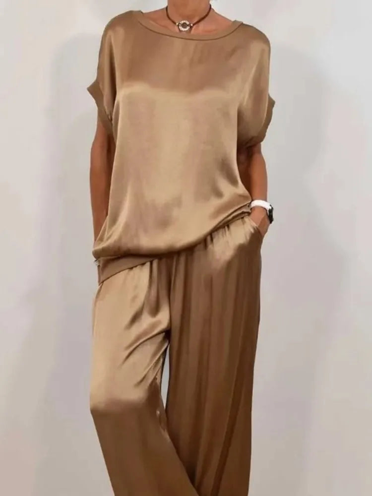 Sets For Women 2025 Summer Fashion Solid Color Satin 2 Piece Set O Neck Short Sleeve Top Pants Suit Casual Loose Outfits Female