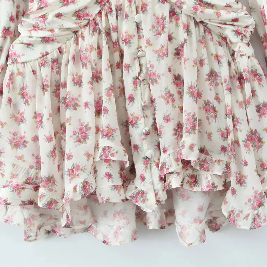 2025 Women White Pink Flower Print Puff Long Sleeve Dress Open Buttons Wood ears Ruffles Hem Mini Shirt Dresses Holiday Robe