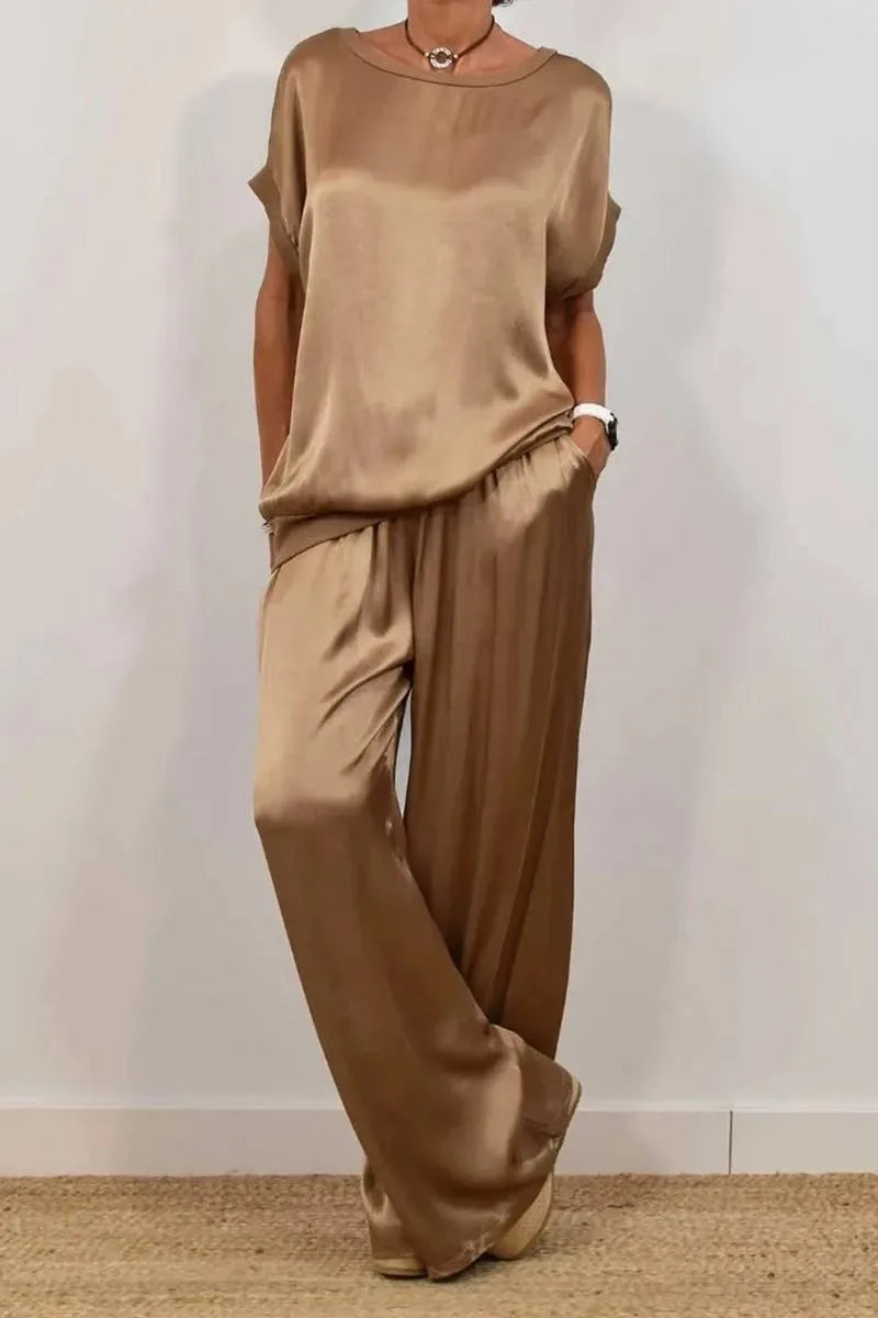 Sets For Women 2025 Summer Fashion Solid Color Satin 2 Piece Set O Neck Short Sleeve Top Pants Suit Casual Loose Outfits Female