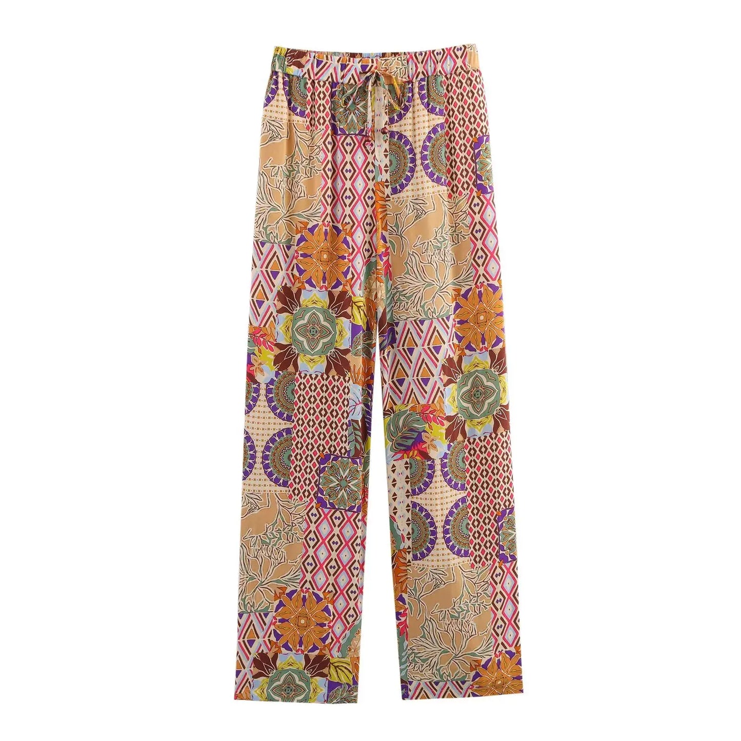 2025 New Women's Outfit Set Long Flared Pants with Drawstring Waist and V Neck Knot Front Crop Top Boho Print for Daily Wear