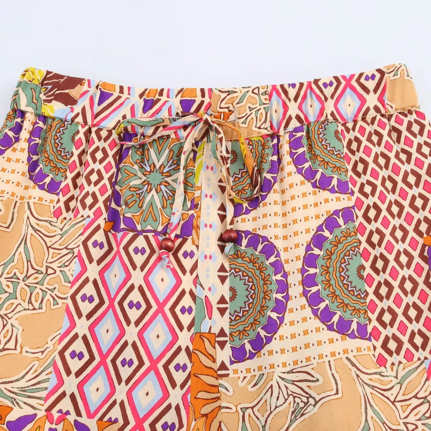 2025 New Women's Outfit Set Long Flared Pants with Drawstring Waist and V Neck Knot Front Crop Top Boho Print for Daily Wear