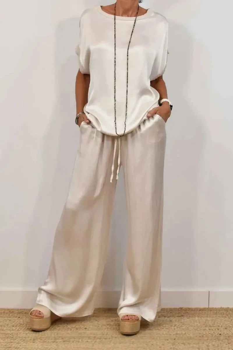 Sets For Women 2025 Summer Fashion Solid Color Satin 2 Piece Set O Neck Short Sleeve Top Pants Suit Casual Loose Outfits Female