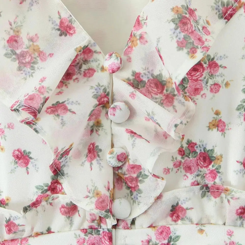 2025 Women White Pink Flower Print Puff Long Sleeve Dress Open Buttons Wood ears Ruffles Hem Mini Shirt Dresses Holiday Robe