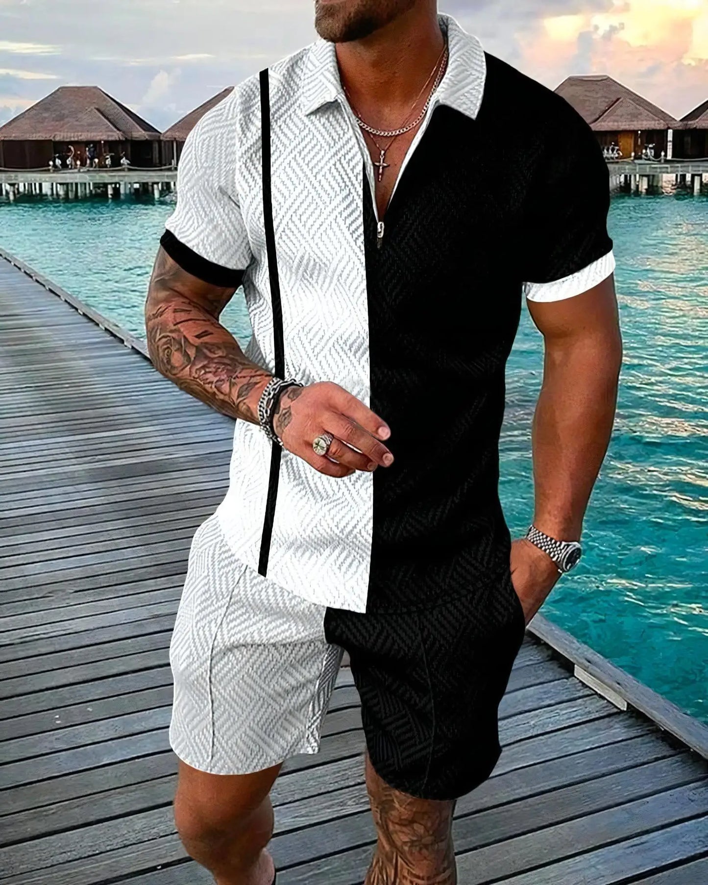 3D Digital Printed Men's 2 Piece Sets Polo Shirt+Shorts Streetwear Casual Short Sleeve Zipper Shirt Male Beach Trunks Men Outfit