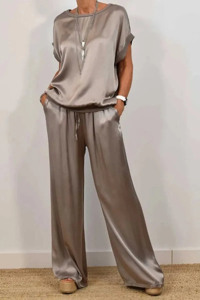 Sets For Women 2025 Summer Fashion Solid Color Satin 2 Piece Set O Neck Short Sleeve Top Pants Suit Casual Loose Outfits Female