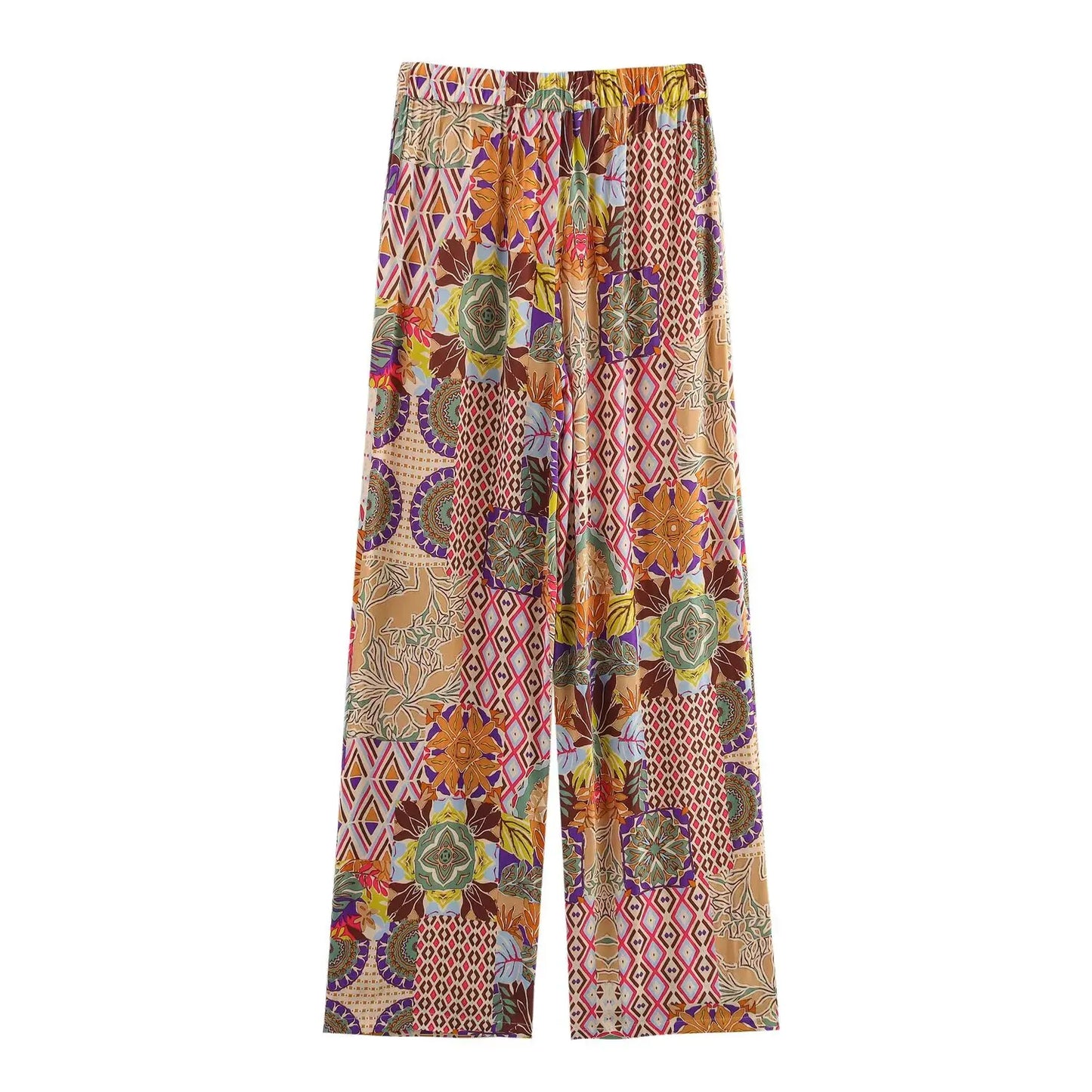 2025 New Women's Outfit Set Long Flared Pants with Drawstring Waist and V Neck Knot Front Crop Top Boho Print for Daily Wear
