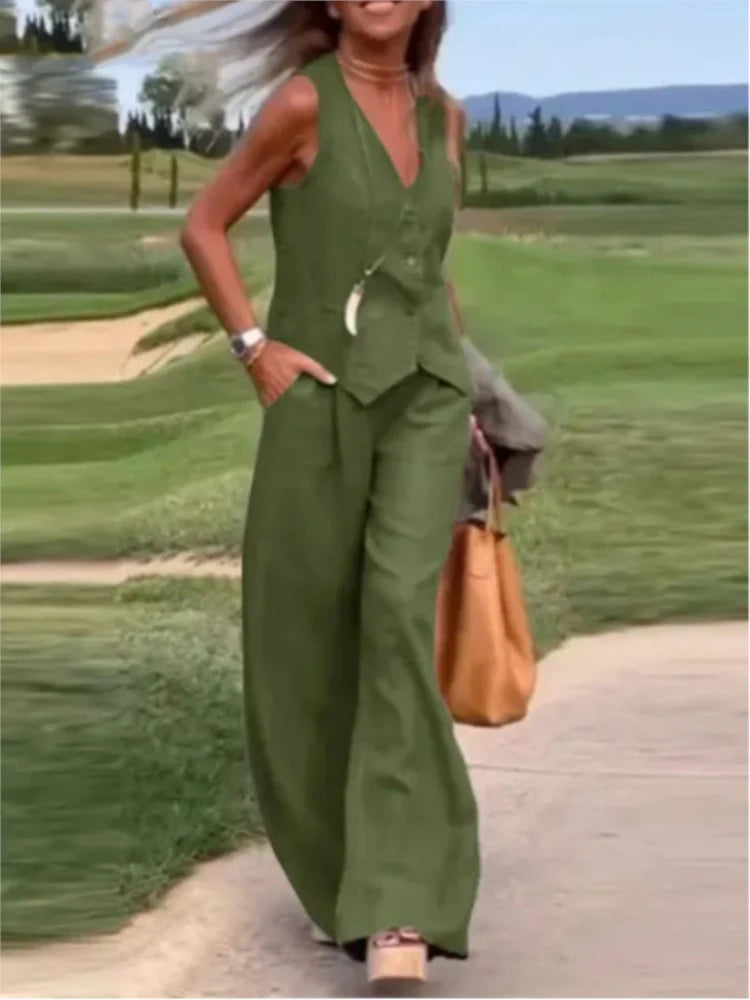 2025 Woman Elegant 2-Piece Pant Sets Casual Vest And Pants Sets Sleeveless Tops Suits 2pcs Outfits Wide Leg Trouser Sets