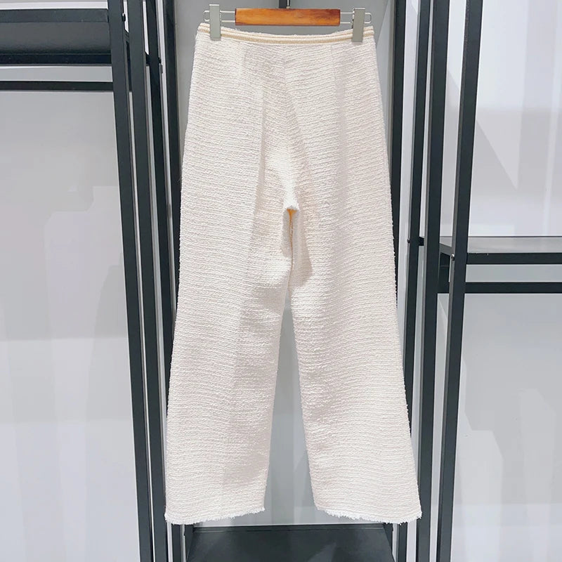 Women Two Piece Outfits 2025 Luxury Gold Thread Raw Edge Round Neck Jacket High Waist Tweed Trousers Suit Early Spring New Style