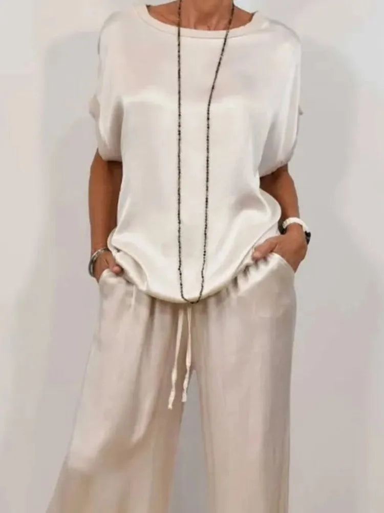 Sets For Women 2025 Summer Fashion Solid Color Satin 2 Piece Set O Neck Short Sleeve Top Pants Suit Casual Loose Outfits Female