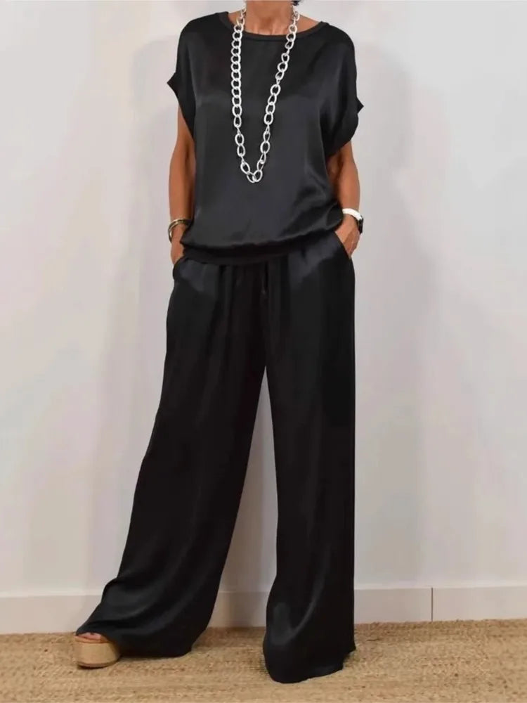 Sets For Women 2025 Summer Fashion Solid Color Satin 2 Piece Set O Neck Short Sleeve Top Pants Suit Casual Loose Outfits Female