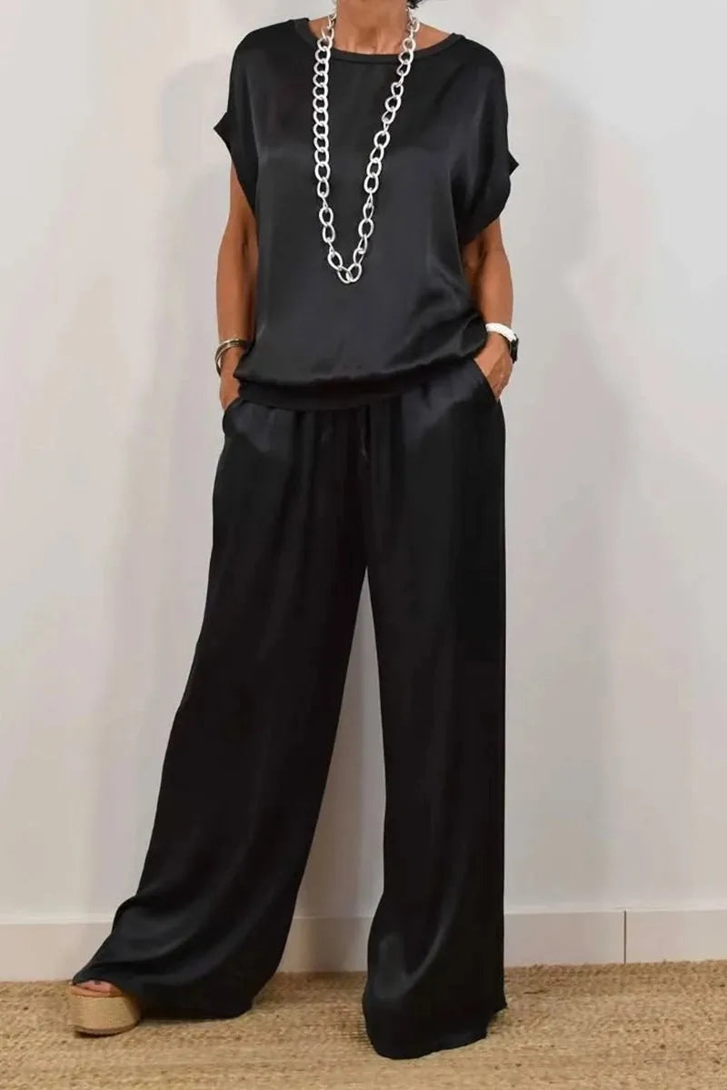Sets For Women 2025 Summer Fashion Solid Color Satin 2 Piece Set O Neck Short Sleeve Top Pants Suit Casual Loose Outfits Female