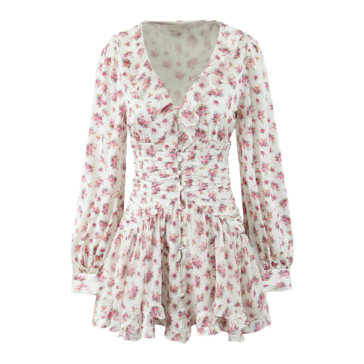 2025 Women White Pink Flower Print Puff Long Sleeve Dress Open Buttons Wood ears Ruffles Hem Mini Shirt Dresses Holiday Robe