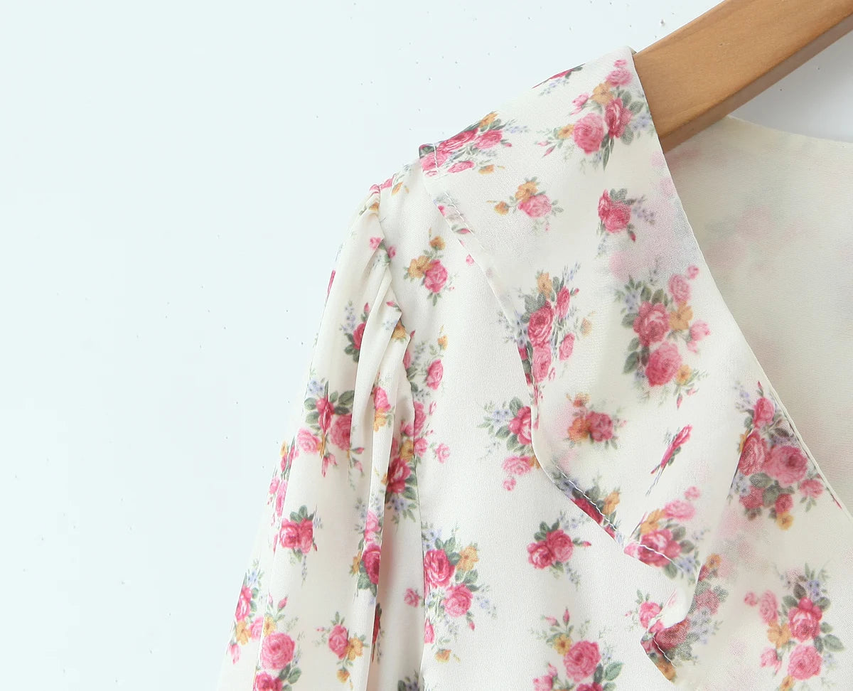 2025 Women White Pink Flower Print Puff Long Sleeve Dress Open Buttons Wood ears Ruffles Hem Mini Shirt Dresses Holiday Robe