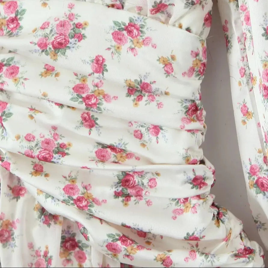 2025 Women White Pink Flower Print Puff Long Sleeve Dress Open Buttons Wood ears Ruffles Hem Mini Shirt Dresses Holiday Robe