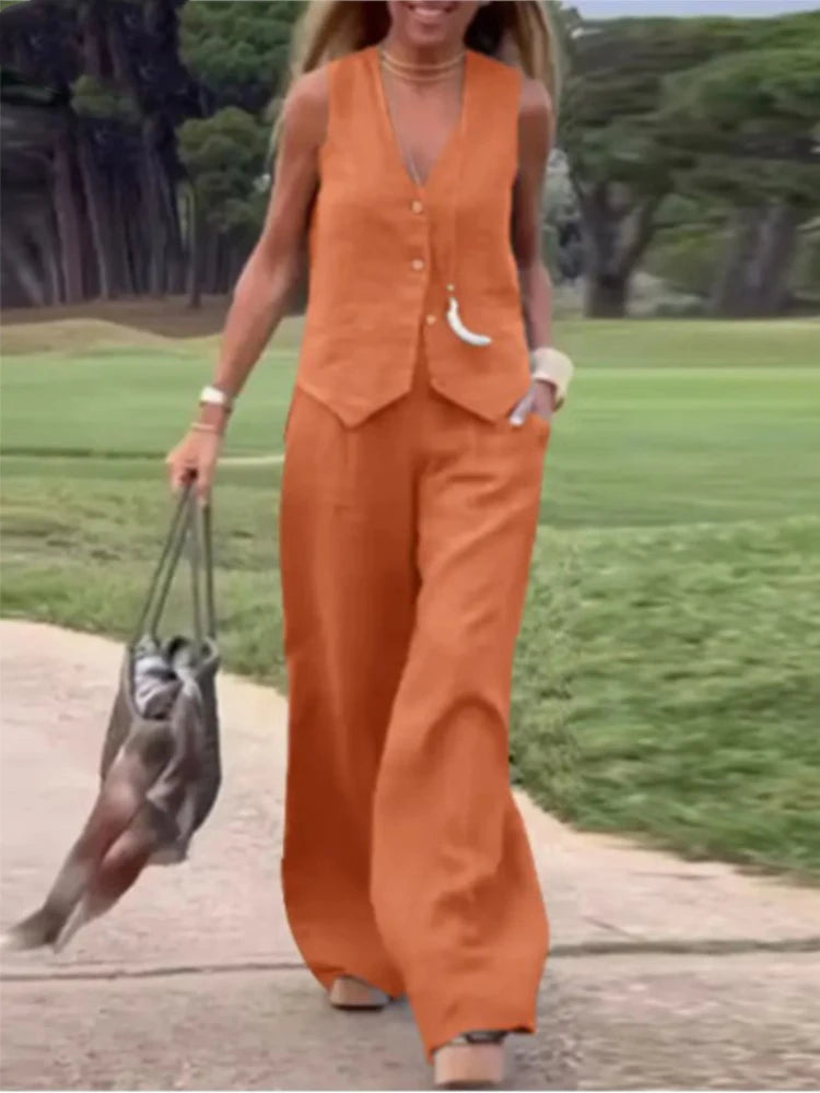 2025 Woman Elegant 2-Piece Pant Sets Casual Vest And Pants Sets Sleeveless Tops Suits 2pcs Outfits Wide Leg Trouser Sets