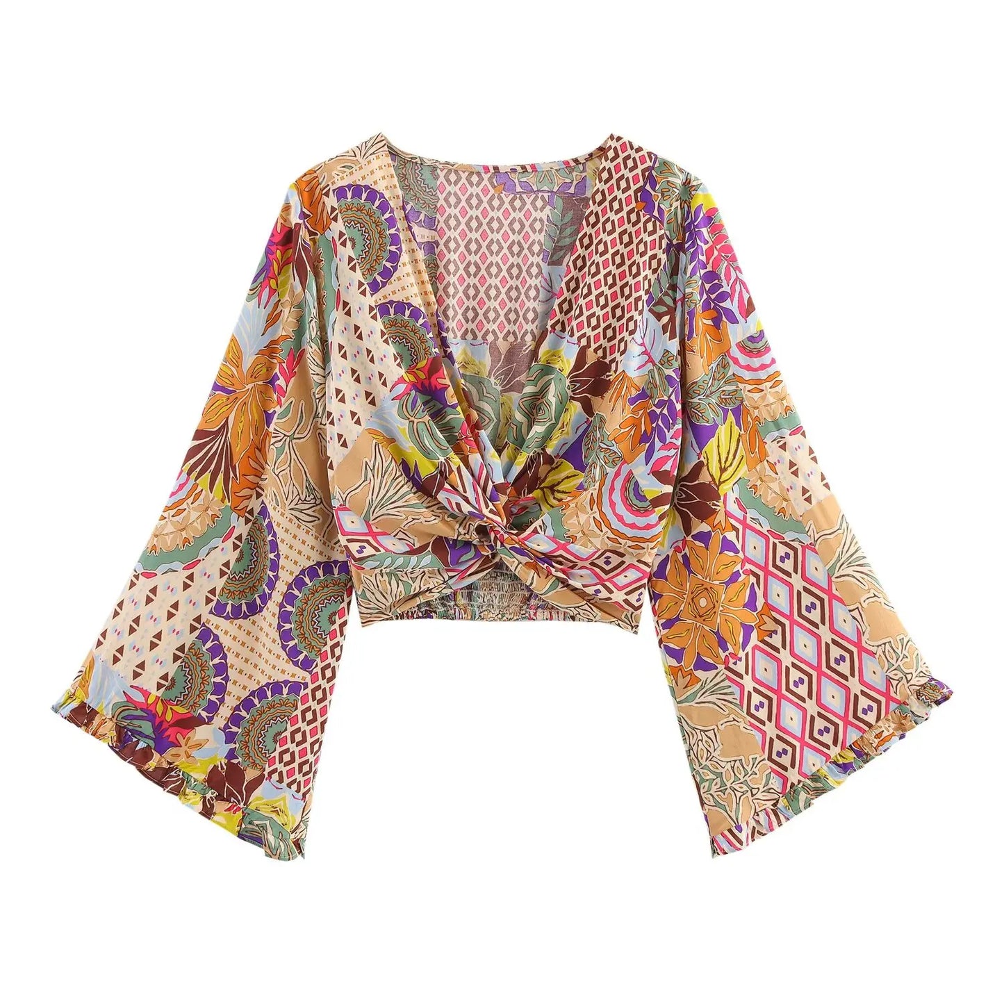 2025 New Women's Outfit Set Long Flared Pants with Drawstring Waist and V Neck Knot Front Crop Top Boho Print for Daily Wear