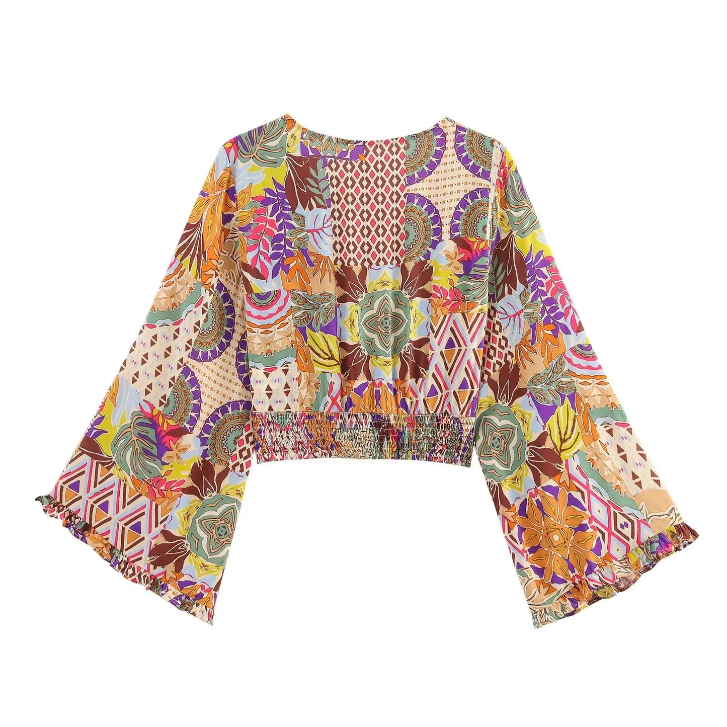 2025 New Women's Outfit Set Long Flared Pants with Drawstring Waist and V Neck Knot Front Crop Top Boho Print for Daily Wear