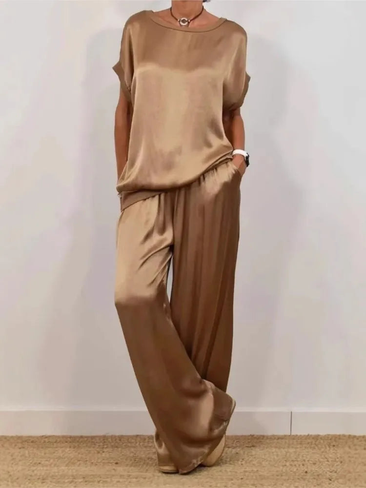 Sets For Women 2025 Summer Fashion Solid Color Satin 2 Piece Set O Neck Short Sleeve Top Pants Suit Casual Loose Outfits Female