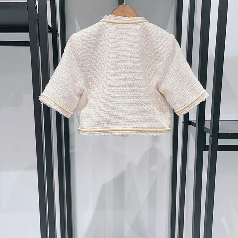 Women Two Piece Outfits 2025 Luxury Gold Thread Raw Edge Round Neck Jacket High Waist Tweed Trousers Suit Early Spring New Style