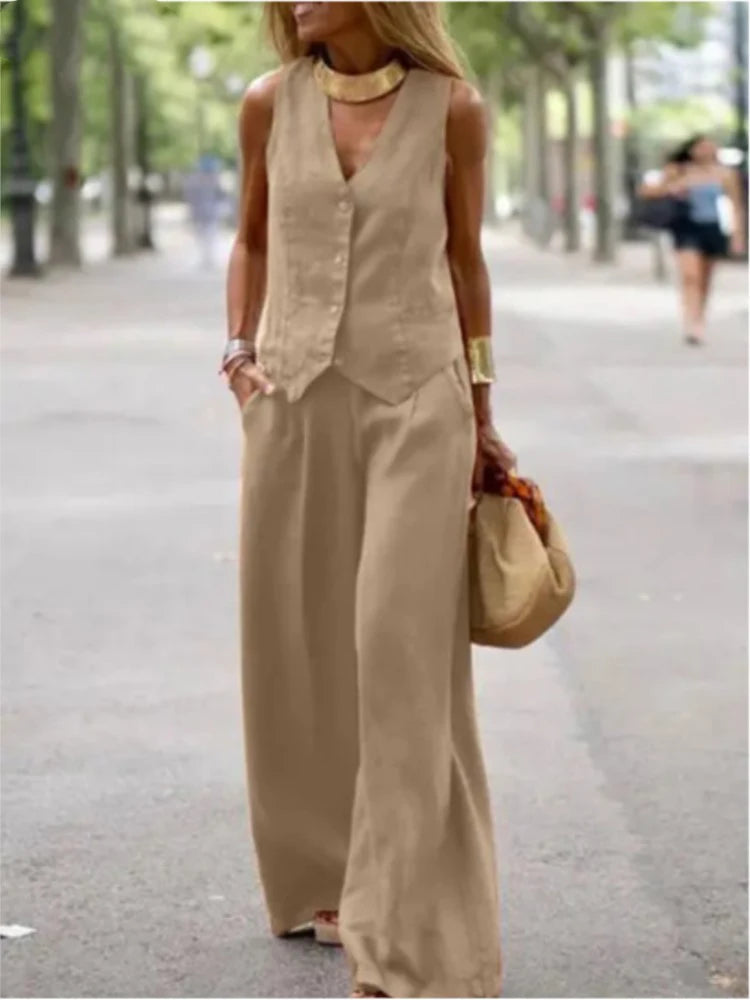 2025 Woman Elegant 2-Piece Pant Sets Casual Vest And Pants Sets Sleeveless Tops Suits 2pcs Outfits Wide Leg Trouser Sets