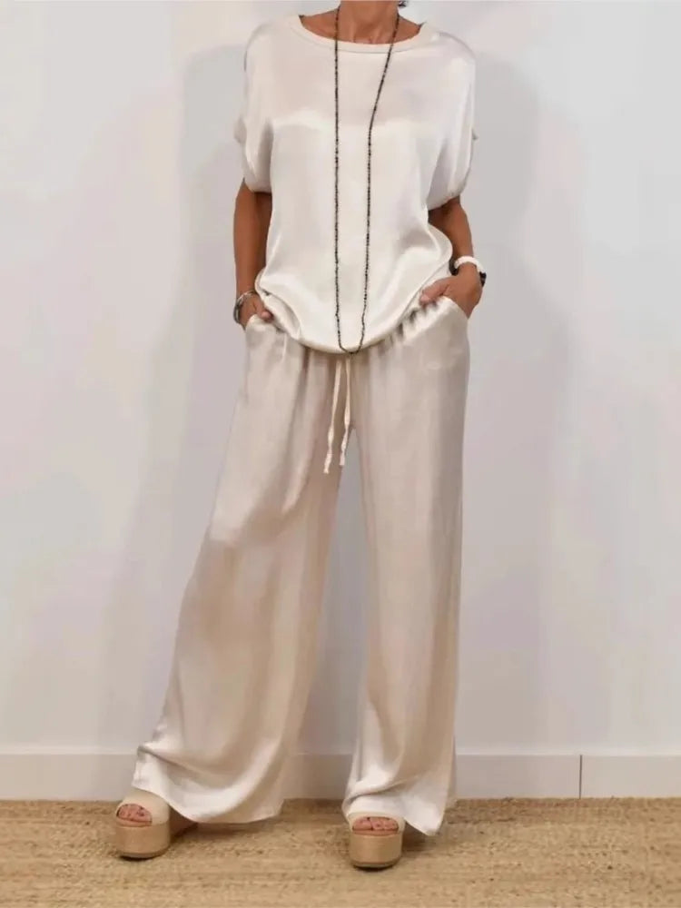 Sets For Women 2025 Summer Fashion Solid Color Satin 2 Piece Set O Neck Short Sleeve Top Pants Suit Casual Loose Outfits Female