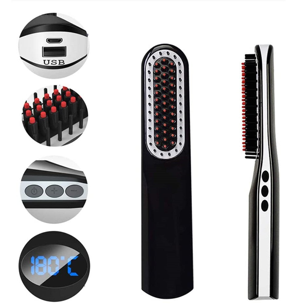 Wireless Mini Hair Comb Men's Quick Beard Brush Straightener Portable Electric USB Charging Combs For Men Beard