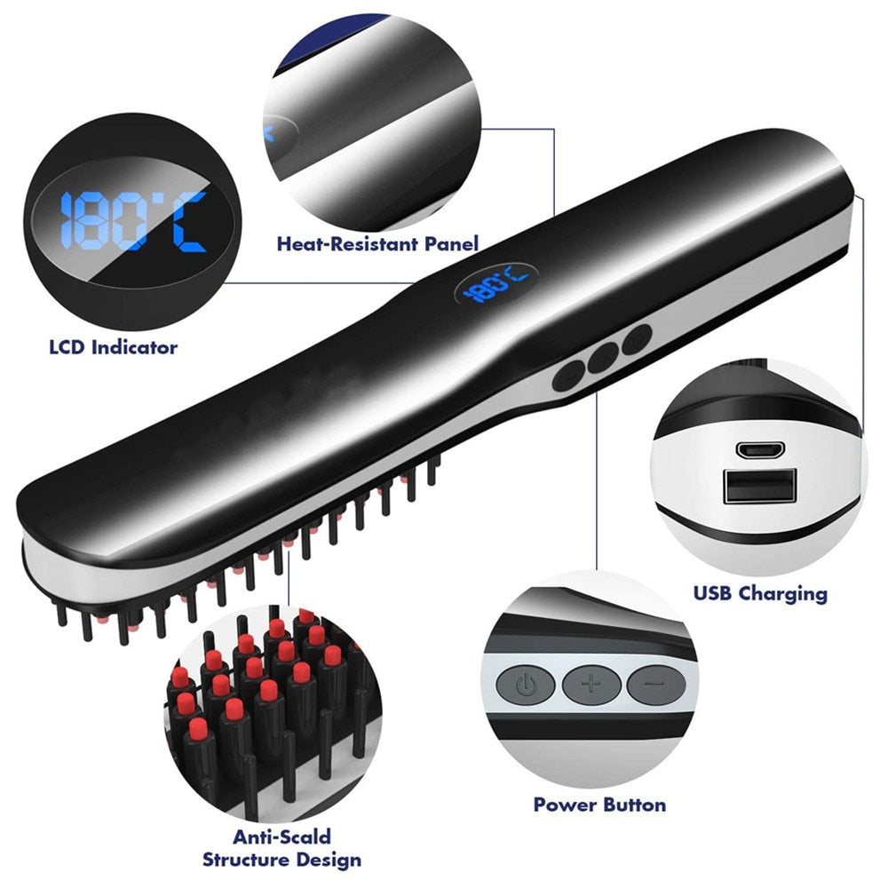 Wireless Mini Hair Comb Men's Quick Beard Brush Straightener Portable Electric USB Charging Combs For Men Beard