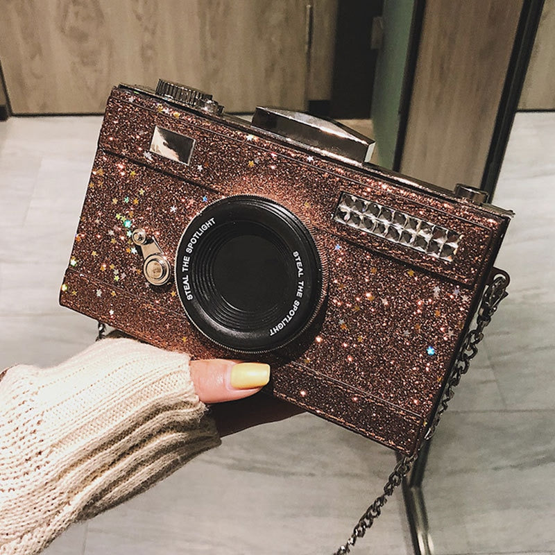 Trendy and Stylist Messenger Bags Sequins Camera Casual PU Leather Clutch Chain Handbag Crossbody Shoulder Bags Bolsas