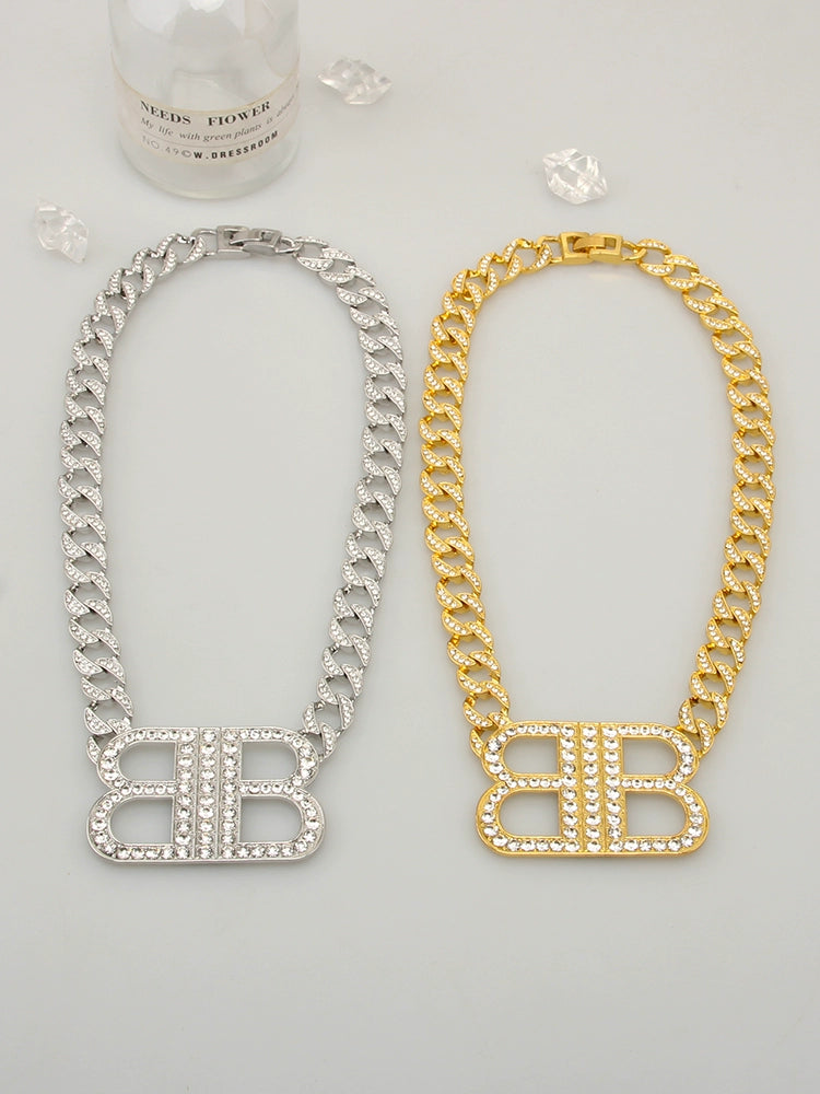 INS French Style Retro Alphabet Thick Chain Trendy Rhinestone