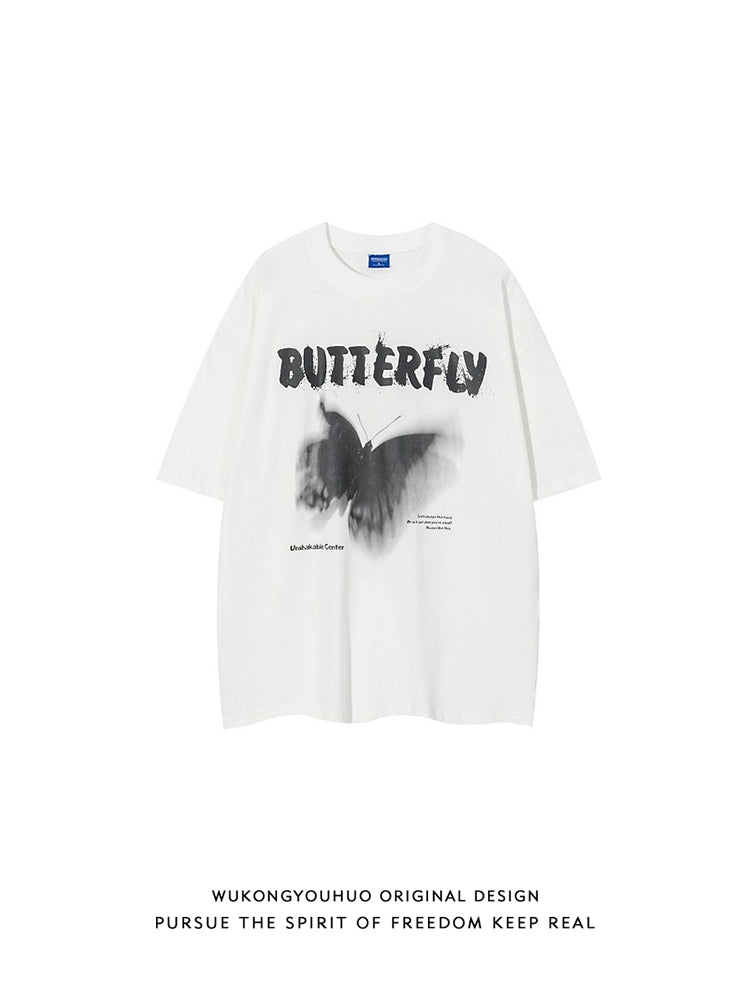 Wukong Goods European Hip Hop Butterfly Graffiti Short Sleeve T-shirt Men's Trendy Loose 300G Heavy Couple T-shirt