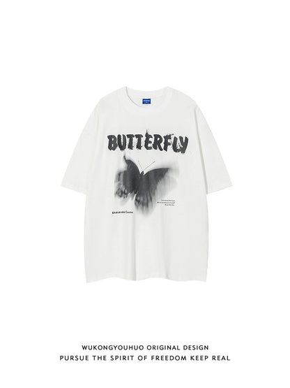 Wukong Goods European Hip Hop Butterfly Graffiti Short Sleeve T-shirt Men's Trendy Loose 300G Heavy Couple T-shirt