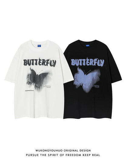 Wukong Goods European Hip Hop Butterfly Graffiti Short Sleeve T-shirt Men's Trendy Loose 300G Heavy Couple T-shirt