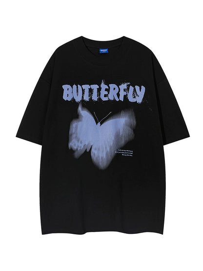 Wukong Goods European Hip Hop Butterfly Graffiti Short Sleeve T-shirt Men's Trendy Loose 300G Heavy Couple T-shirt