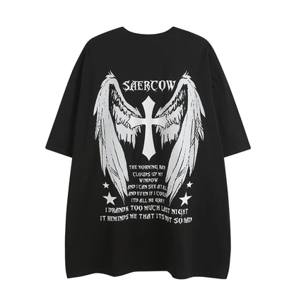 Summer Fashion Style High Street Cross Wings Printing Short-Sleeved Men's Trendy Loose Cotton Hip-Hop Half-Sleeve T-shirt for Women