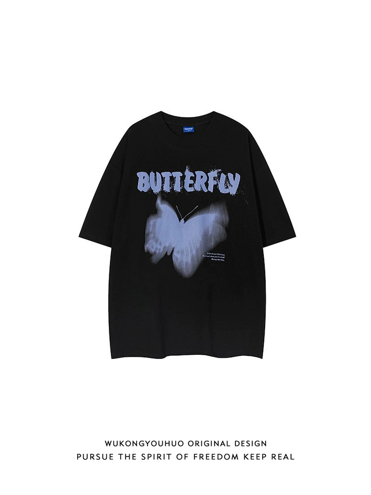 Wukong Goods European Hip Hop Butterfly Graffiti Short Sleeve T-shirt Men's Trendy Loose 300G Heavy Couple T-shirt