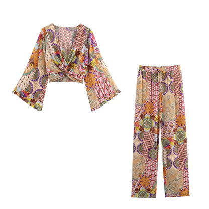 2025 New Women's Outfit Set Long Flared Pants with Drawstring Waist and V Neck Knot Front Crop Top Boho Print for Daily Wear