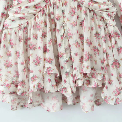 2025 Women White Pink Flower Print Puff Long Sleeve Dress Open Buttons Wood ears Ruffles Hem Mini Shirt Dresses Holiday Robe