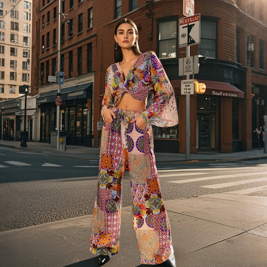2025 New Women's Outfit Set Long Flared Pants with Drawstring Waist and V Neck Knot Front Crop Top Boho Print for Daily Wear