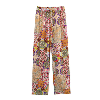 2025 New Women's Outfit Set Long Flared Pants with Drawstring Waist and V Neck Knot Front Crop Top Boho Print for Daily Wear