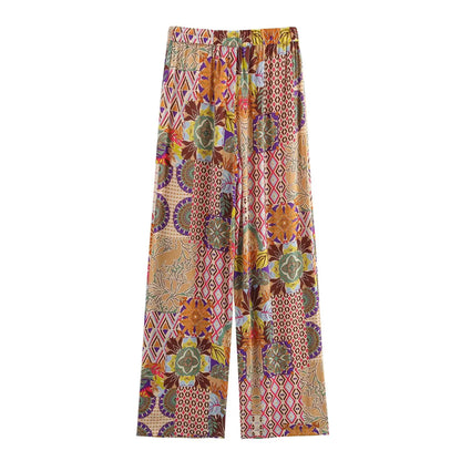 2025 New Women's Outfit Set Long Flared Pants with Drawstring Waist and V Neck Knot Front Crop Top Boho Print for Daily Wear