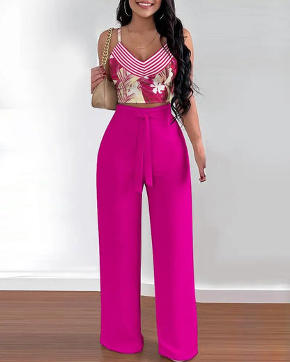 2 Piece Outfits For Women 2025 Sexy V-Neck Strap Shirred Slim Crop Top & Lace-up Wide Leg Pants Sets Elegant Office Lady Suit