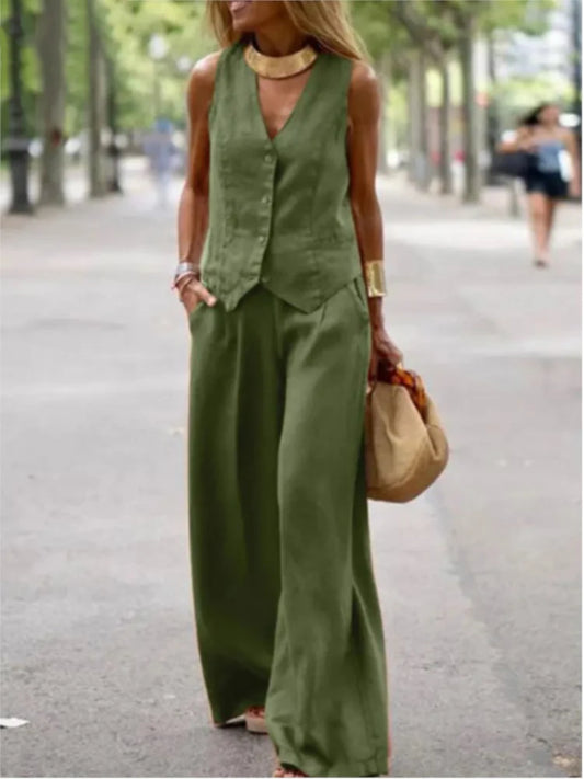 2025 Woman Elegant 2-Piece Pant Sets Casual Vest And Pants Sets Sleeveless Tops Suits 2pcs Outfits Wide Leg Trouser Sets