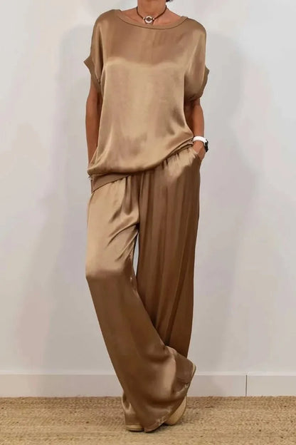 Sets For Women 2025 Summer Fashion Solid Color Satin 2 Piece Set O Neck Short Sleeve Top Pants Suit Casual Loose Outfits Female