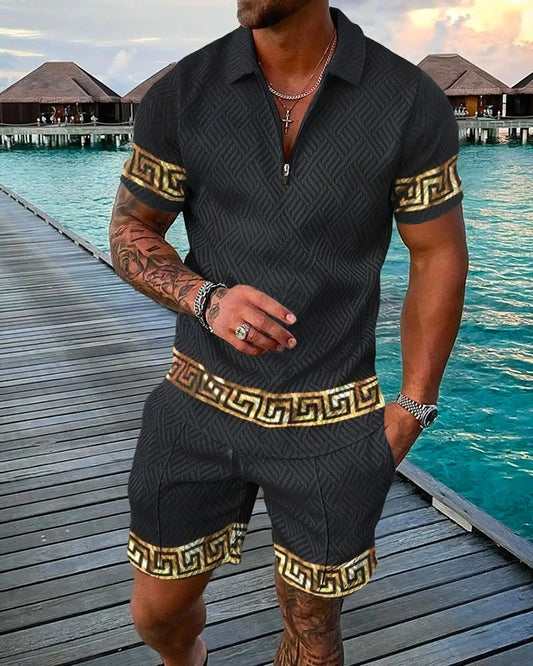 3D Digital Printed Men's 2 Piece Sets Polo Shirt+Shorts Streetwear Casual Short Sleeve Zipper Shirt Male Beach Trunks Men Outfit