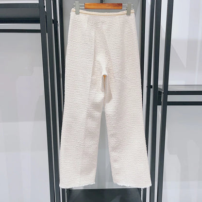 Women Two Piece Outfits 2025 Luxury Gold Thread Raw Edge Round Neck Jacket High Waist Tweed Trousers Suit Early Spring New Style