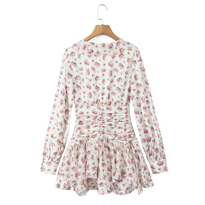 2025 Women White Pink Flower Print Puff Long Sleeve Dress Open Buttons Wood ears Ruffles Hem Mini Shirt Dresses Holiday Robe